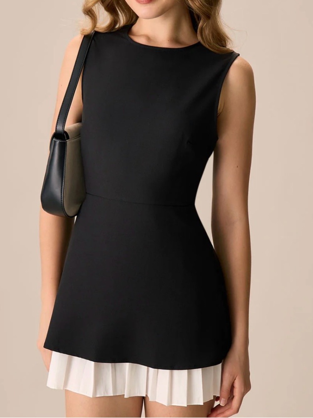 RIHOAS Black Mini Dress with White Pleated Hem Detail